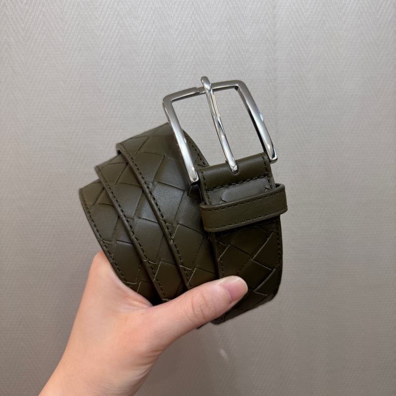 BV 軍綠色牛皮銀釦編織皮帶-0