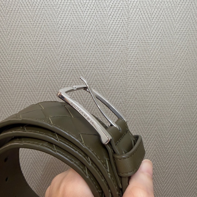 BV 軍綠色牛皮銀釦編織皮帶-1