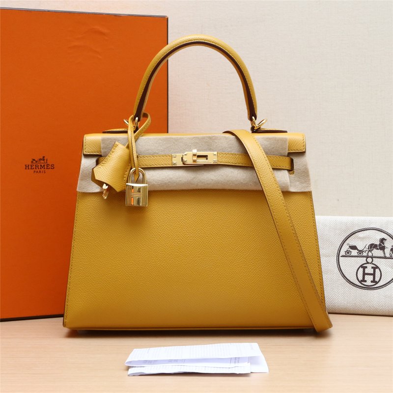 HERMES Kelly259D琥珀黃Epsom皮Z刻金扣肩背包-0