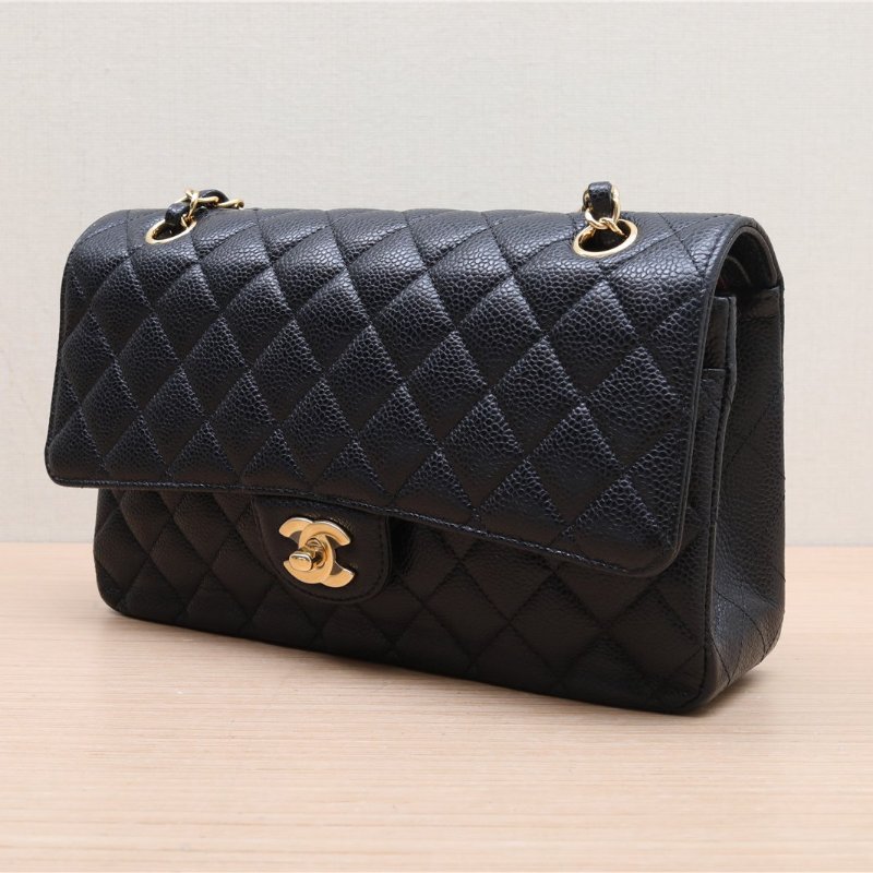 CHANEL CF經典款口蓋包中號黑色金扣晶片開牛皮晶片開金扣肩背包-3