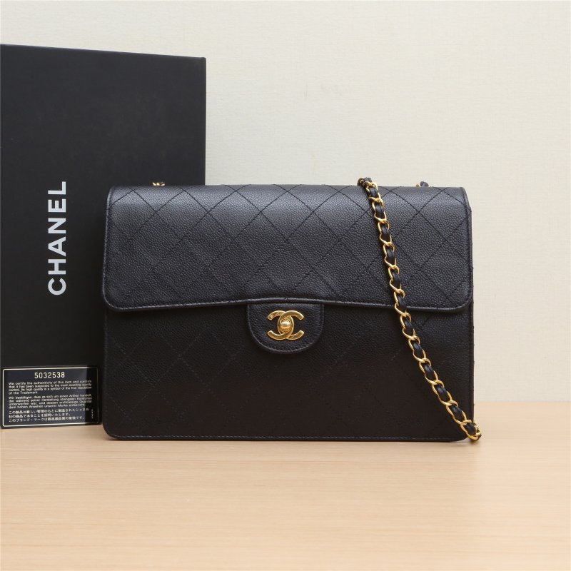 CHANEL 中古黑金牛外縫線斜挎包墨藍色荔枝牛皮5開金扣肩背包-0