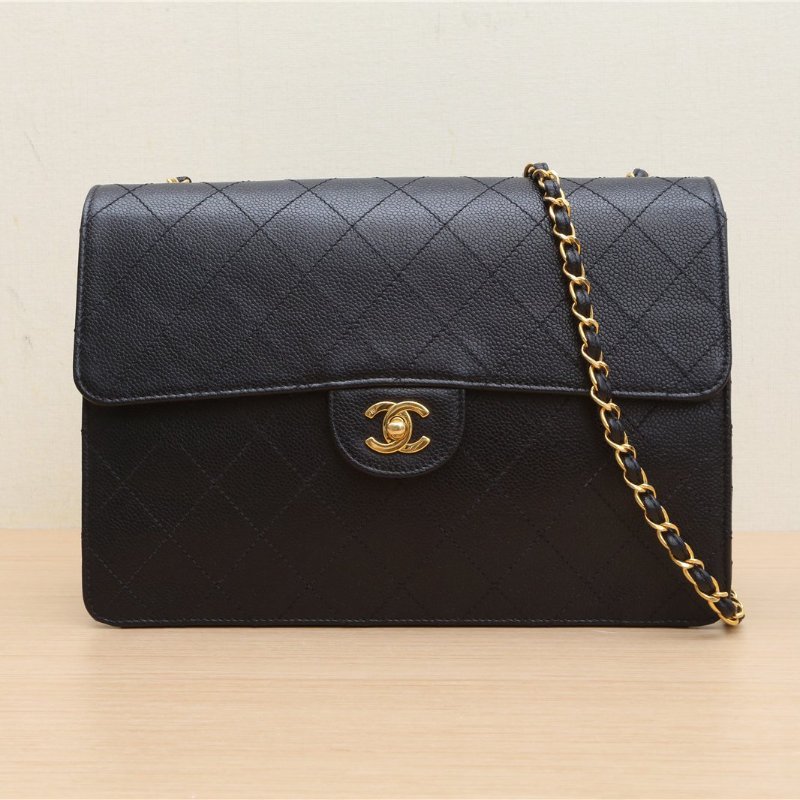 CHANEL 中古黑金牛外縫線斜挎包墨藍色荔枝牛皮5開金扣肩背包-1