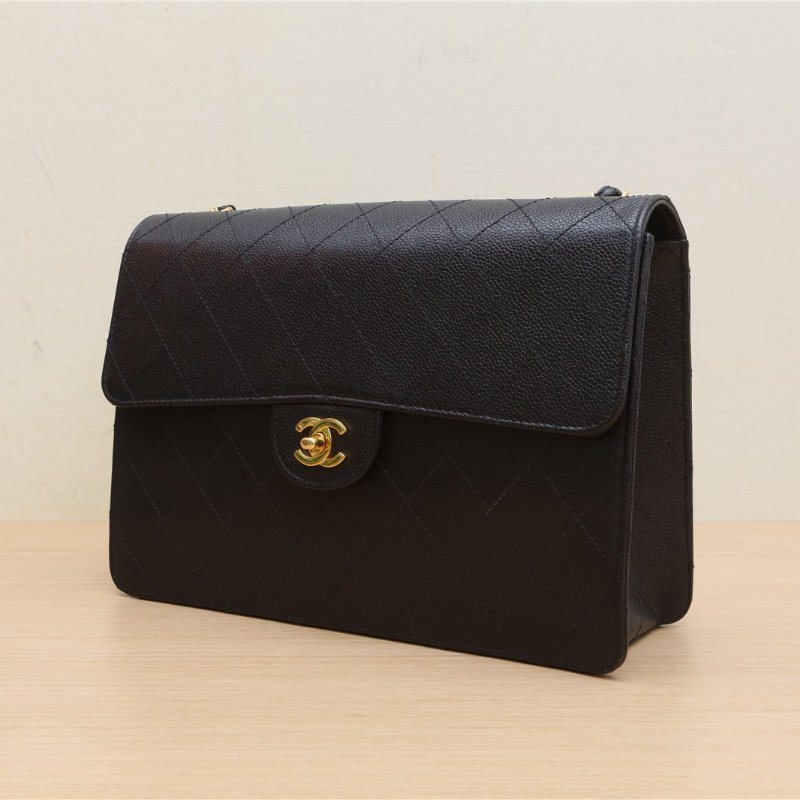 CHANEL 中古黑金牛外縫線斜挎包墨藍色荔枝牛皮5開金扣肩背包-3