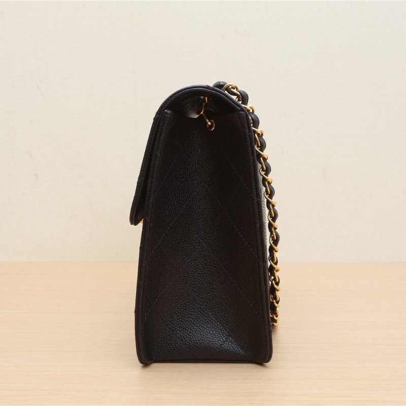 CHANEL 中古黑金牛外縫線斜挎包墨藍色荔枝牛皮5開金扣肩背包-4