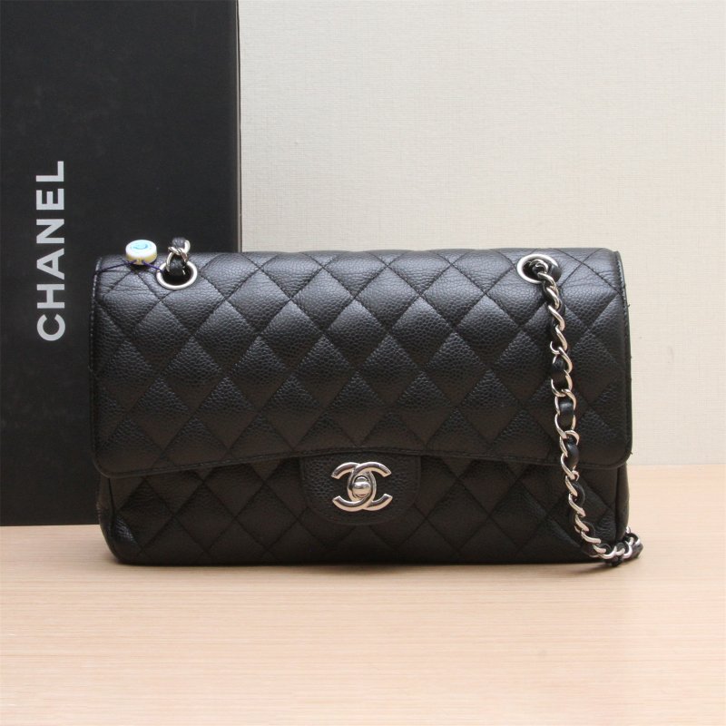 CHANEL CF口蓋包中號25.5黑色荔枝牛皮銀扣26開肩背包-0