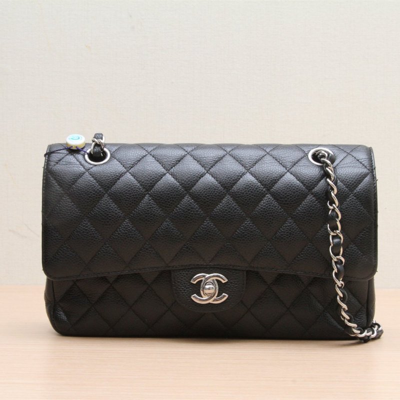 CHANEL CF口蓋包中號25.5黑色荔枝牛皮銀扣26開肩背包-1