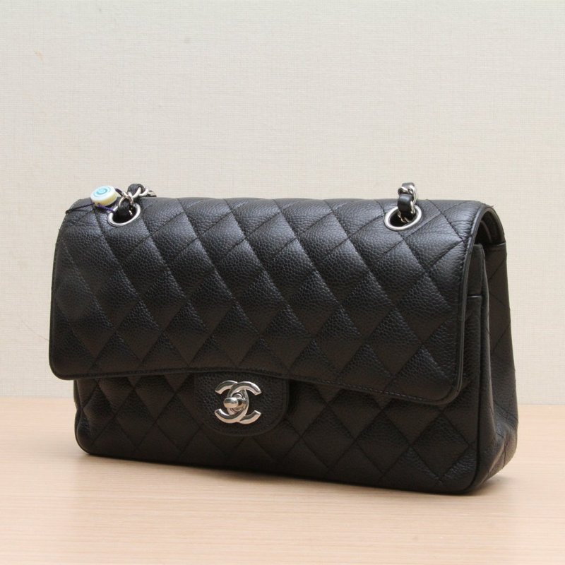 CHANEL CF口蓋包中號25.5黑色荔枝牛皮銀扣26開肩背包-3