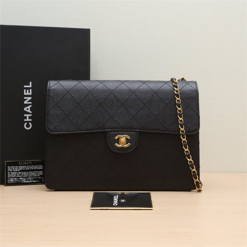 CHANEL 中古黑金牛斜跨包黑色荔枝牛皮5開金扣肩背包-0