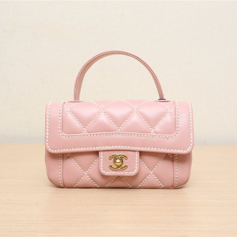CHANEL 中古外縫線miniKelly手提包粉色9開肩背包-1