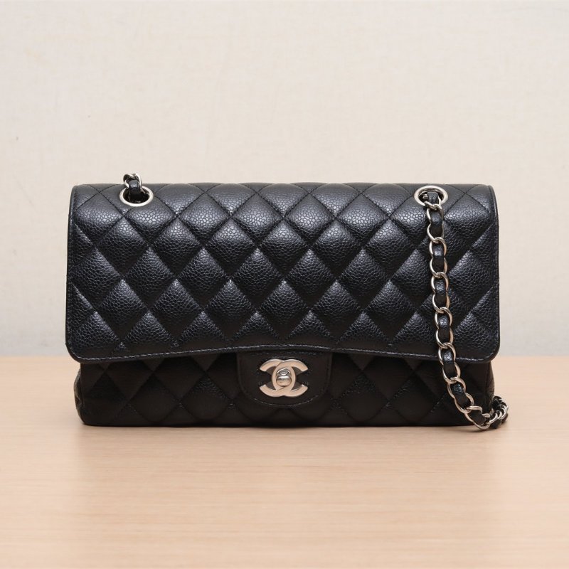 CHANEL CF口蓋包中號25.5黑色銀扣荔枝牛皮30開銀扣肩背包-1