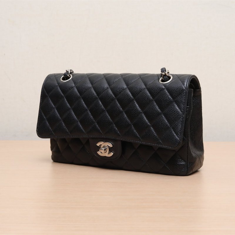 CHANEL CF口蓋包中號25.5黑色銀扣荔枝牛皮30開銀扣肩背包-3