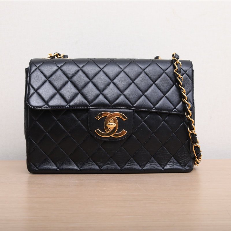 CHANEL 中古黑金羊貝嫂包30黑色4開肩背包-0