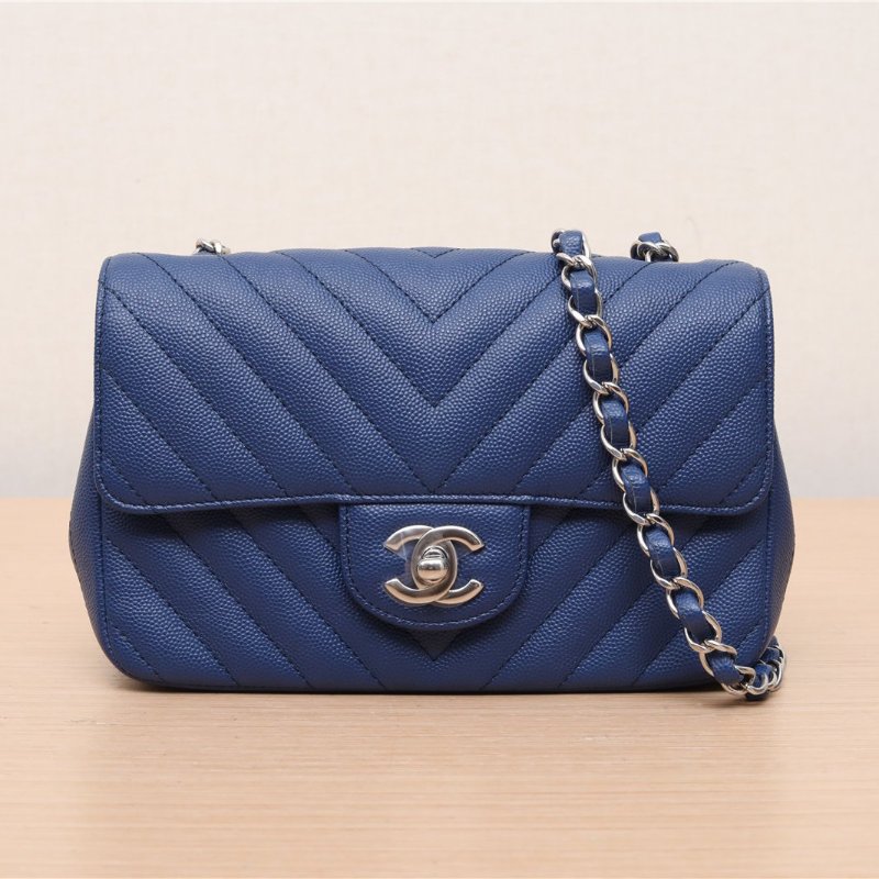 CHANEL CF口蓋包大Mini20藍色荔枝牛皮25開銀扣V紋肩背包-0