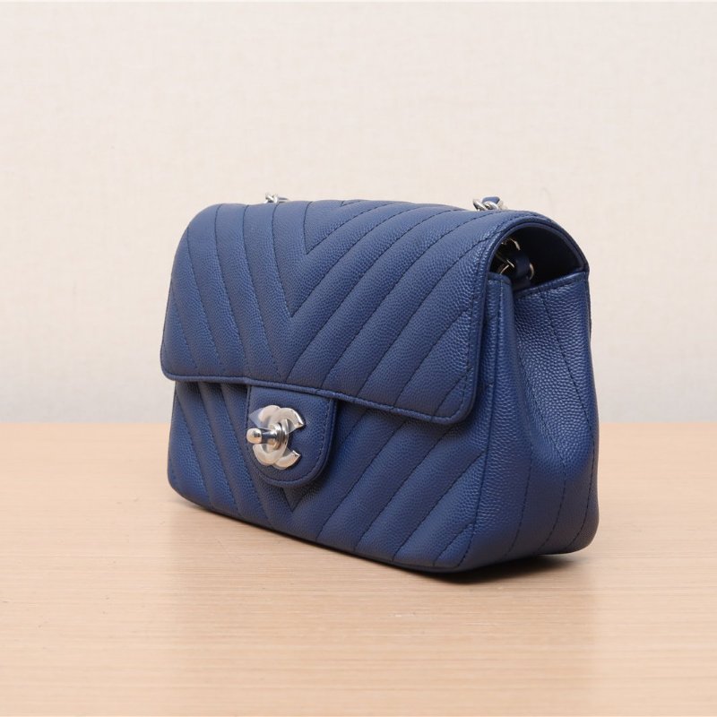 CHANEL CF口蓋包大Mini20藍色荔枝牛皮25開銀扣V紋肩背包-1