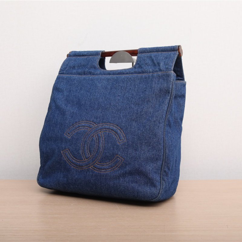 CHANEL 中古丹寧牛仔直柄玳瑁手提包牛仔藍4開肩背包-1