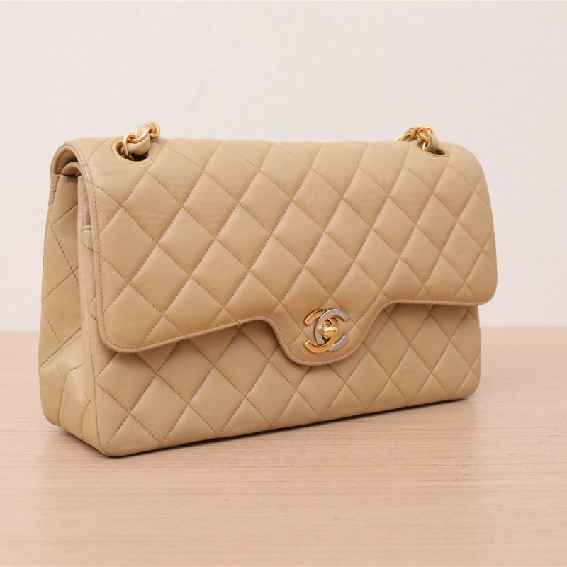 CHANEL 中古鴛鴦扣單肩包Jennie同款奶茶色3開肩背包-1