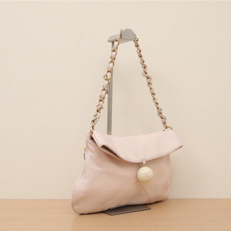 CHANEL 中古乒乓球腋下包大號裸粉色8開肩背包-1