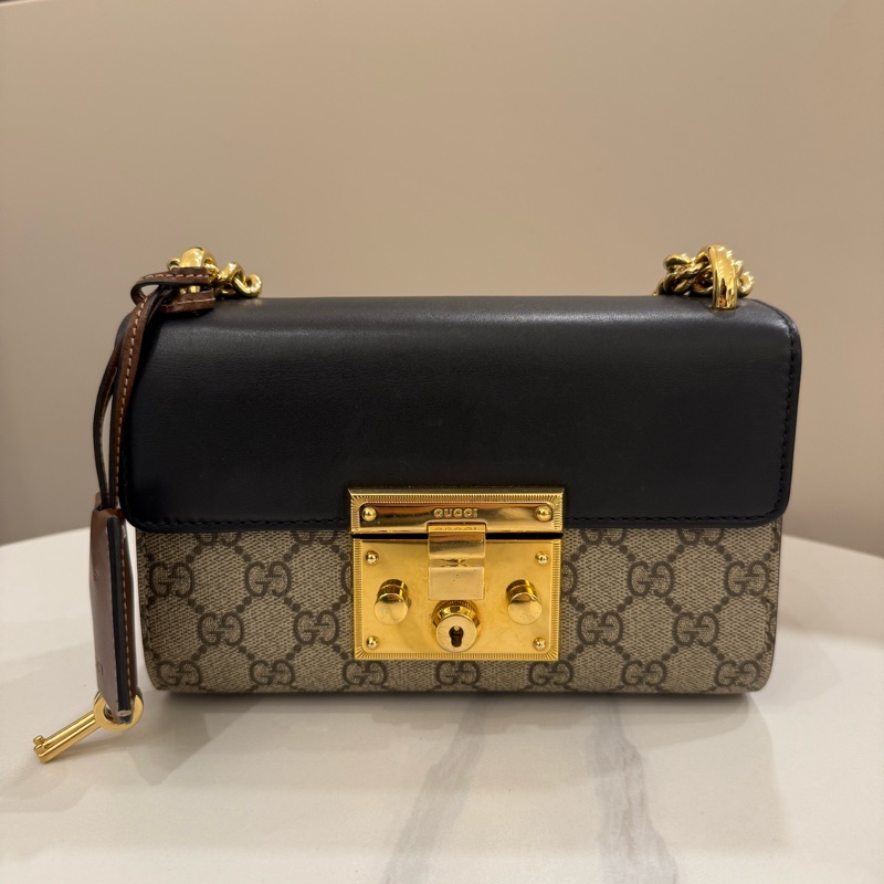 Gucci padlock黑皮革x老花-0