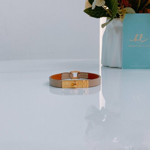 MS0359 Hermes 愛馬仕 絕版 迷你 凱莉 手環 手帶 灰色 棕色 中號 Micro Kelly Bracelet Grey and Gold x GHW Size M