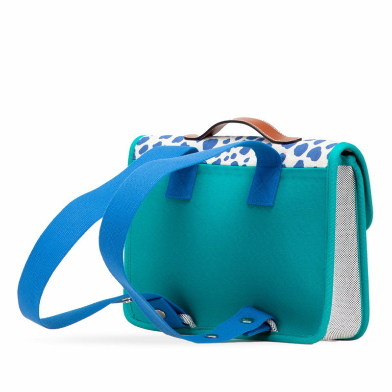 Hermes Hermès Cartable Jungle 女士藍色、棕色和綠色 Toile H 皮背包-1