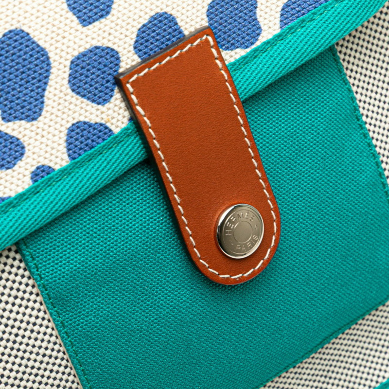 Hermes Hermès Cartable Jungle 女士藍色、棕色和綠色 Toile H 皮背包-6