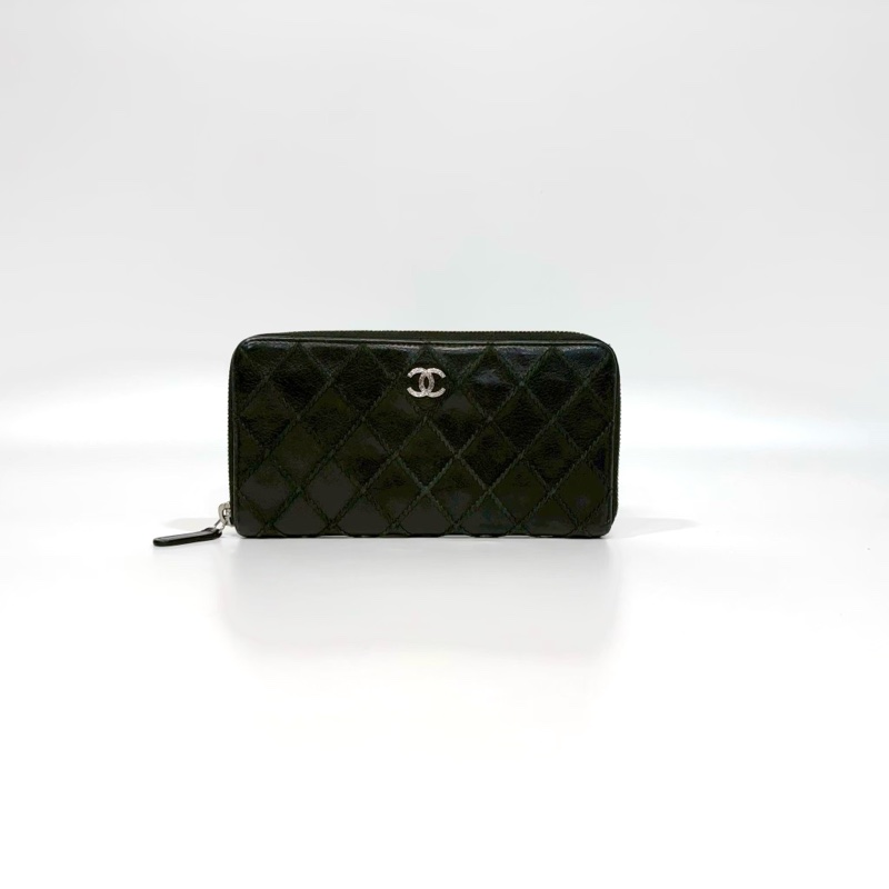 CHANEL黑銀牛皮粗縫線ㄇ拉長夾A80143-0