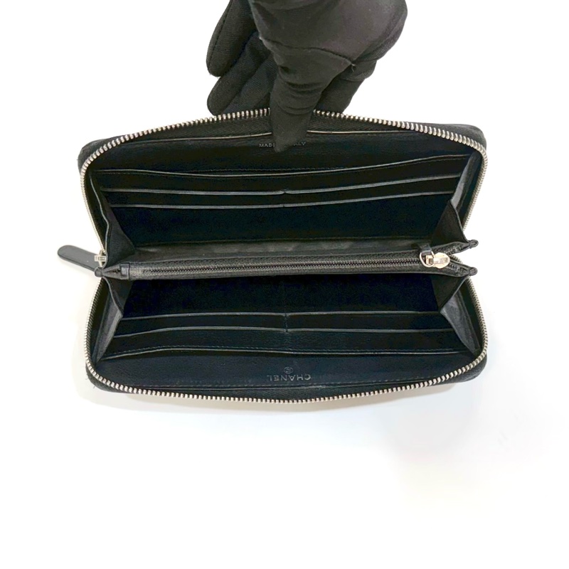 CHANEL黑銀牛皮粗縫線ㄇ拉長夾A80143-5