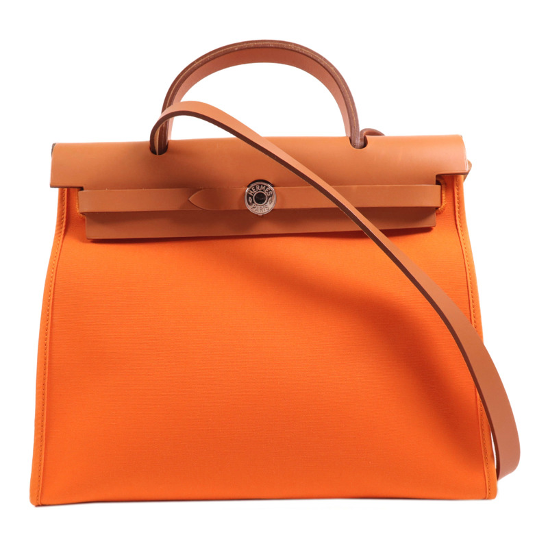 HERMES 帆布Herbag PM銀扣手挽肩背兩用袋Orange-0