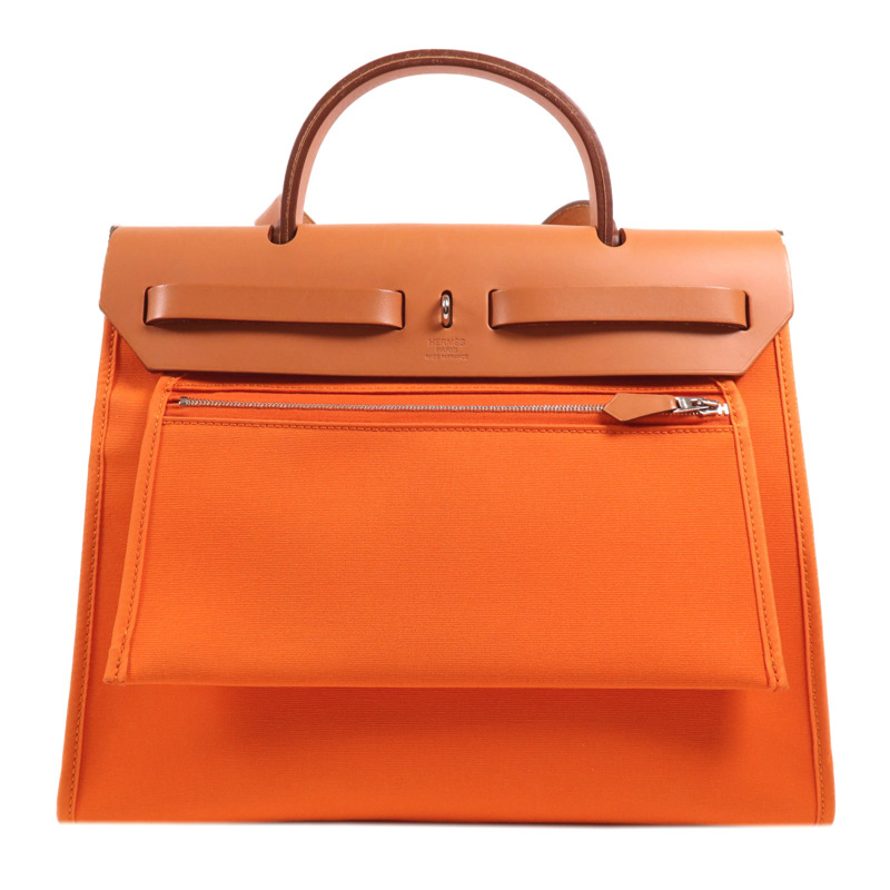 HERMES 帆布Herbag PM銀扣手挽肩背兩用袋Orange-1