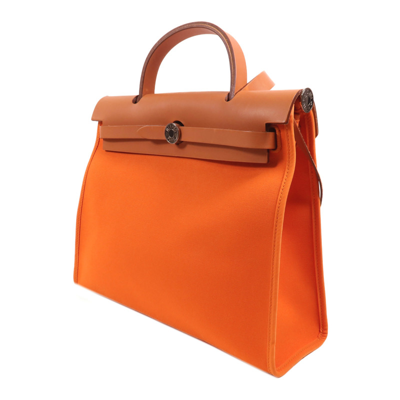 HERMES 帆布Herbag PM銀扣手挽肩背兩用袋Orange-2