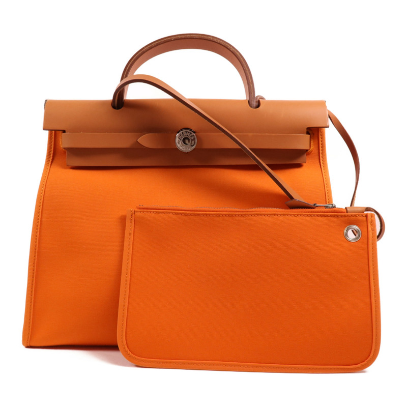 HERMES 帆布Herbag PM銀扣手挽肩背兩用袋Orange-9