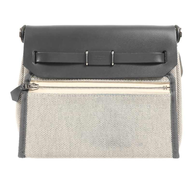 HERMES Toile H帆布Mini Herbag銀扣肩背袋Ardoise-1