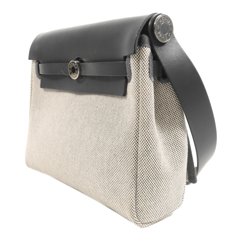 HERMES Toile H帆布Mini Herbag銀扣肩背袋Ardoise-2