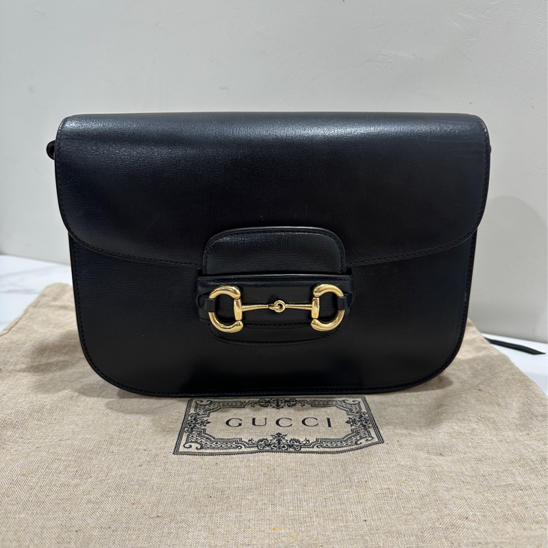 GUCCI Horsebit 1955金扣牛皮黑色肩背包-0
