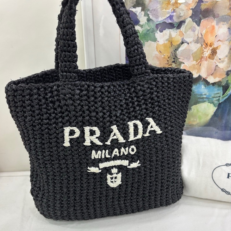 Prada 普拉達 黑色 拉菲草鏤空編織購物袋 閒置 沙灘包 手提包菜籃 三角標 ins博主人手一隻的爆款 耐看且實用-0