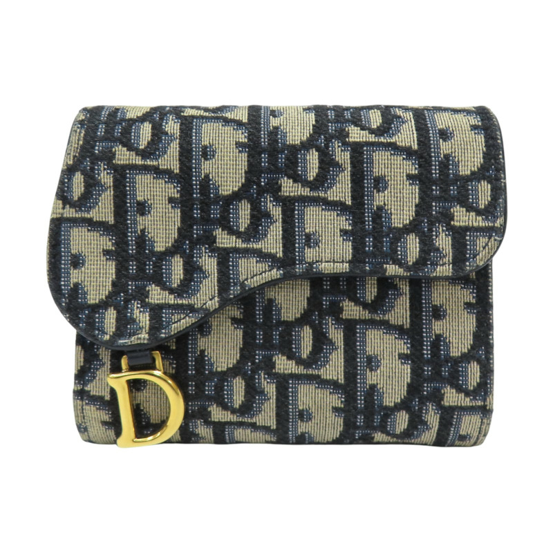 藍色 緹花帆布 Saddle 扣式 三折短夾【Dior 迪奧】-0