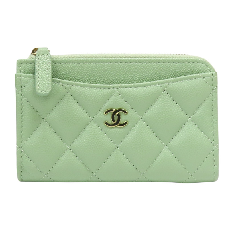 綠色 菱格紋 牛皮 拉鍊短夾 【CHANEL 香奈兒】-0