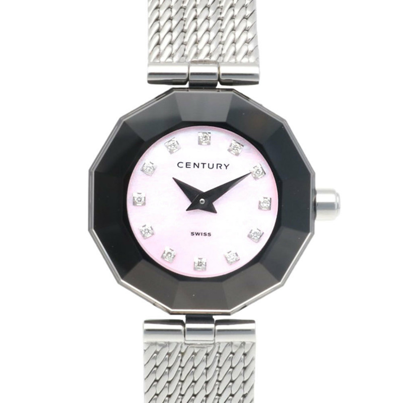 Century Time Gem 女士不鏽鋼石英手錶，粉紅色外殼，鑲嵌 12 顆鑽石-0