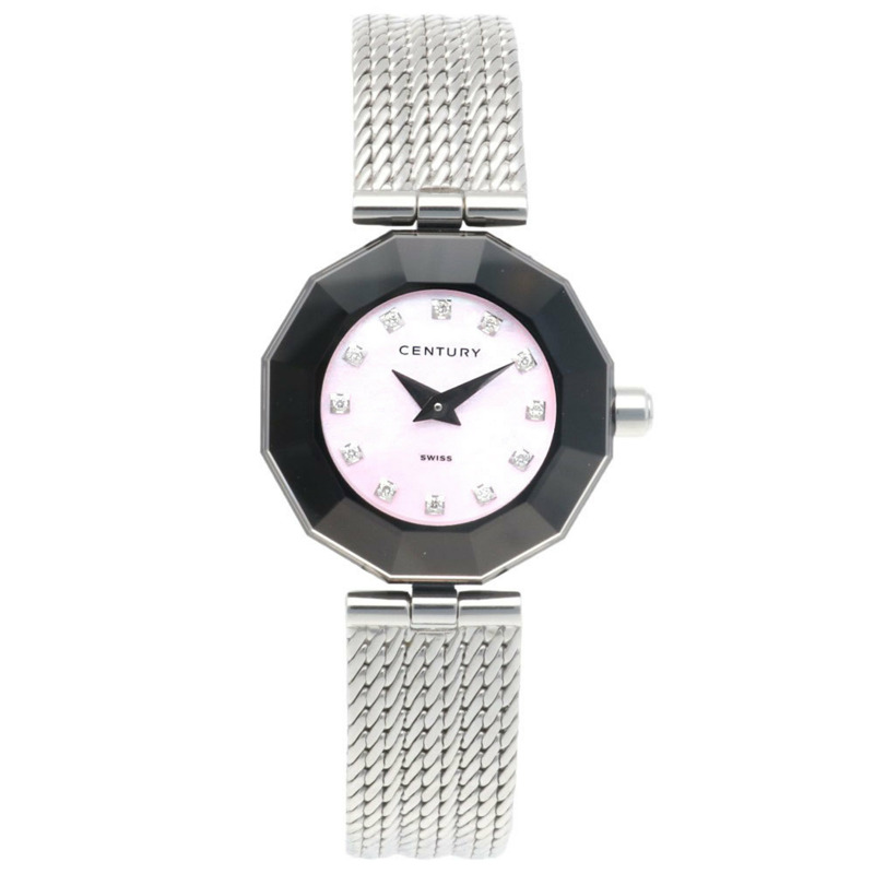 Century Time Gem 女士不鏽鋼石英手錶，粉紅色外殼，鑲嵌 12 顆鑽石-4