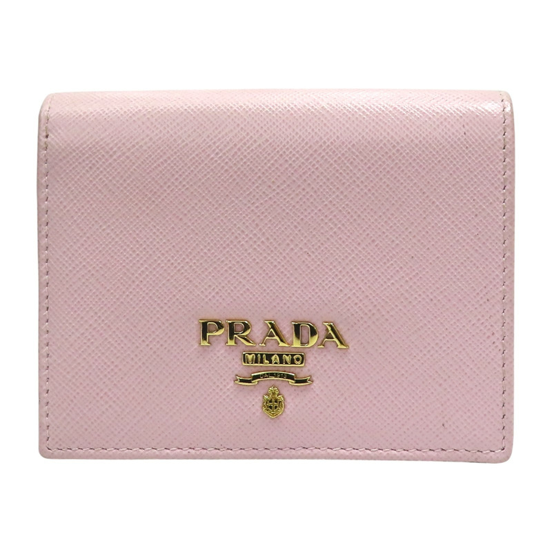 粉色 牛皮 金扣 二折短夾 【PRADA 普拉達】-0