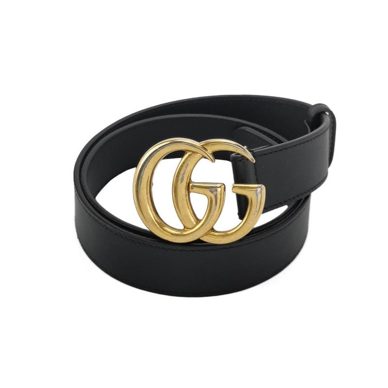 Gucci GG Marmont牛皮純色雙G Logo金屬扣腰帶-0
