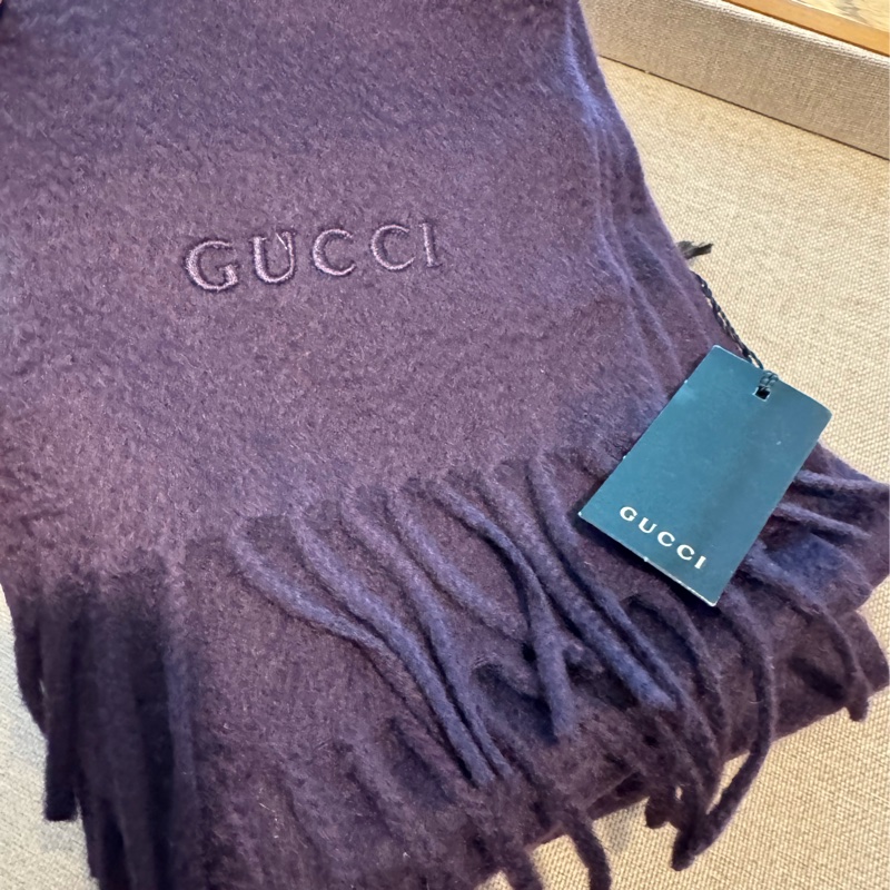 全新正品Gucci 深紫色100%喀什米爾羊絨圍巾37X190cm-0