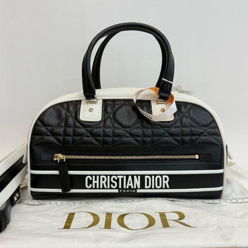 DIOR Vibe 中號 黑色牛皮藤格紋肩背包手提包-0