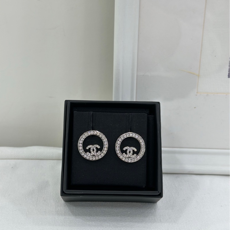CHANEL/香奈兒 銀色鏤空水鑽雙C 耳環 閒置-0