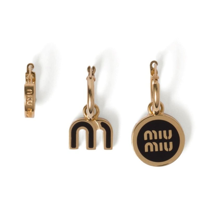 【MIU MIU】Logo 三件式 搪瓷金屬 耳針 耳環 金色 黑色 5IO102-2