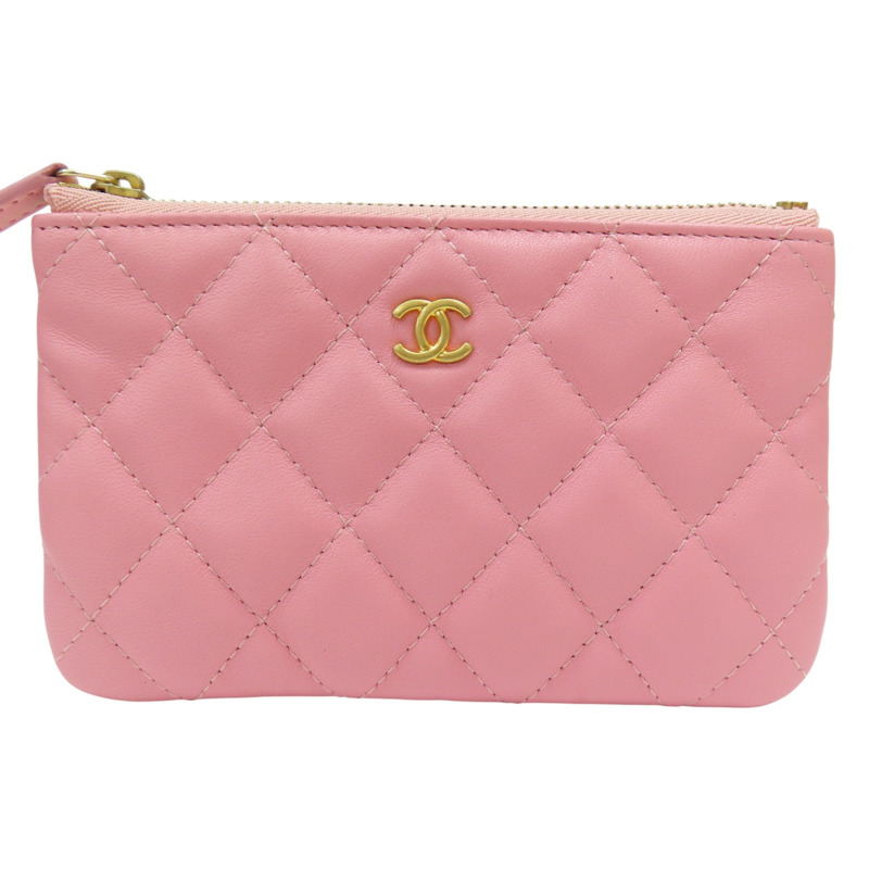 粉色 羊皮 拉鍊零錢包 金扣【CHANEL 香奈兒】-0