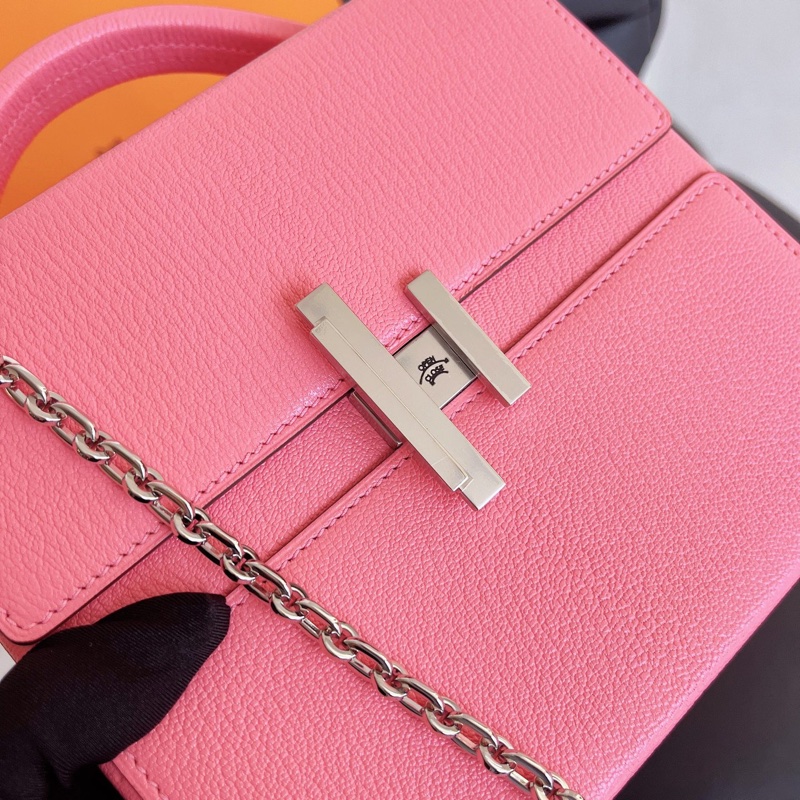 【近新閒置品】愛馬仕 Hermes Cinhetic Bag 秀款盒子包 唇膏粉 銀扣 山羊皮 Y刻 不對稱H扭轉鎖扣手拿手拎斜背鏈條包-6