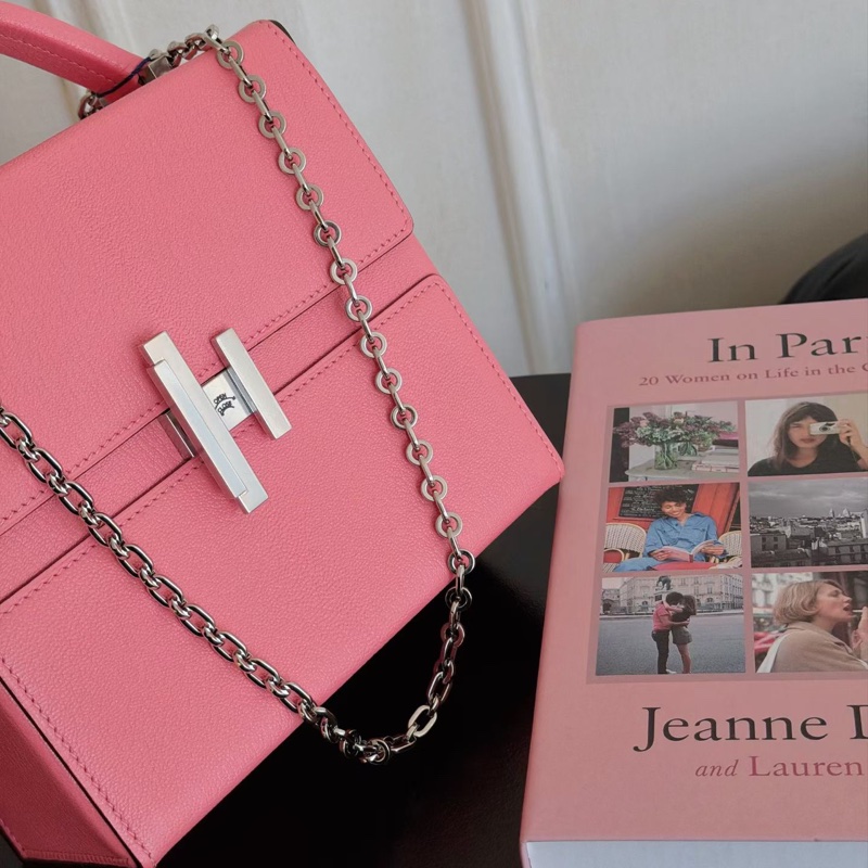 【近新閒置品】愛馬仕 Hermes Cinhetic Bag 秀款盒子包 唇膏粉 銀扣 山羊皮 Y刻 不對稱H扭轉鎖扣手拿手拎斜背鏈條包-8