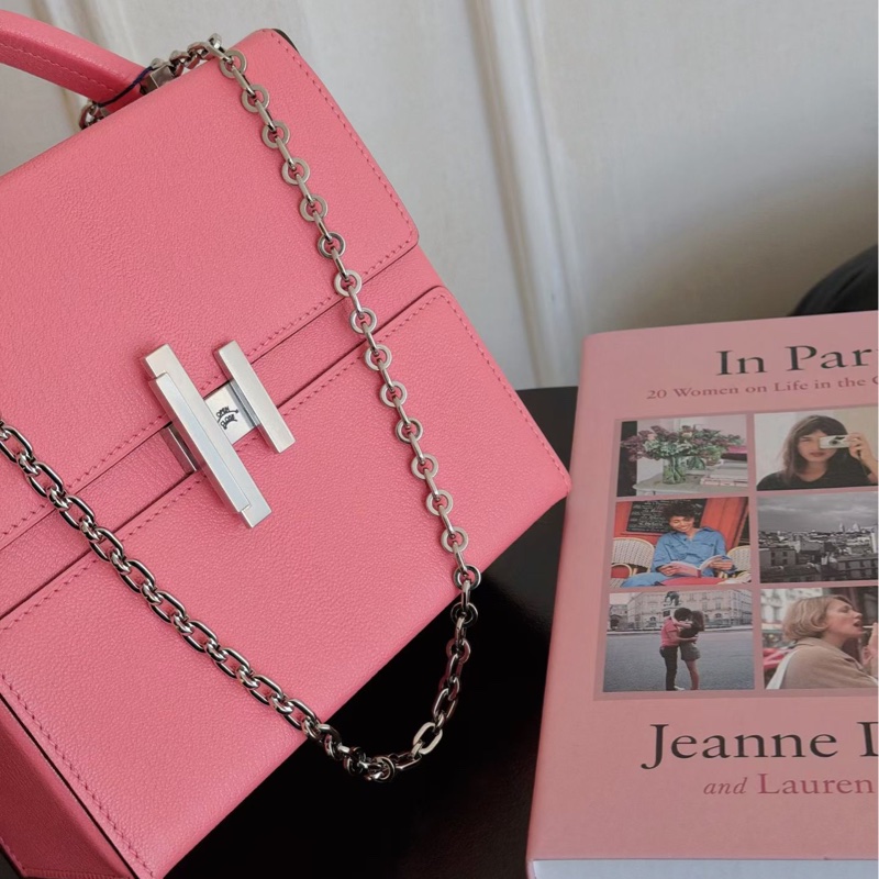 【近新閒置品】愛馬仕 Hermes Cinhetic Bag 秀款盒子包 唇膏粉 銀扣 山羊皮 Y刻 不對稱H扭轉鎖扣手拿手拎斜背鏈條包-15