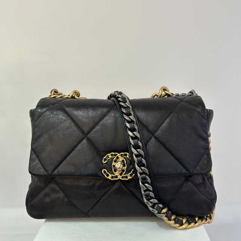 CHANEL黑羊皮19金鍊包30cm-2